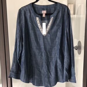 Chico’s Beaded Placket Chambray Pop Over Blouse Tunic 3 US L NWT western